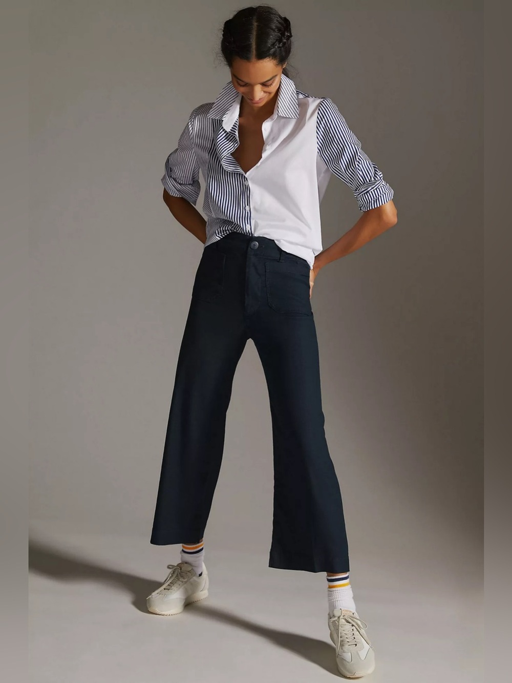 Anthropologie Maeve The Colette Linen Crop Wide-Leg Pants 0 navy Minimalist